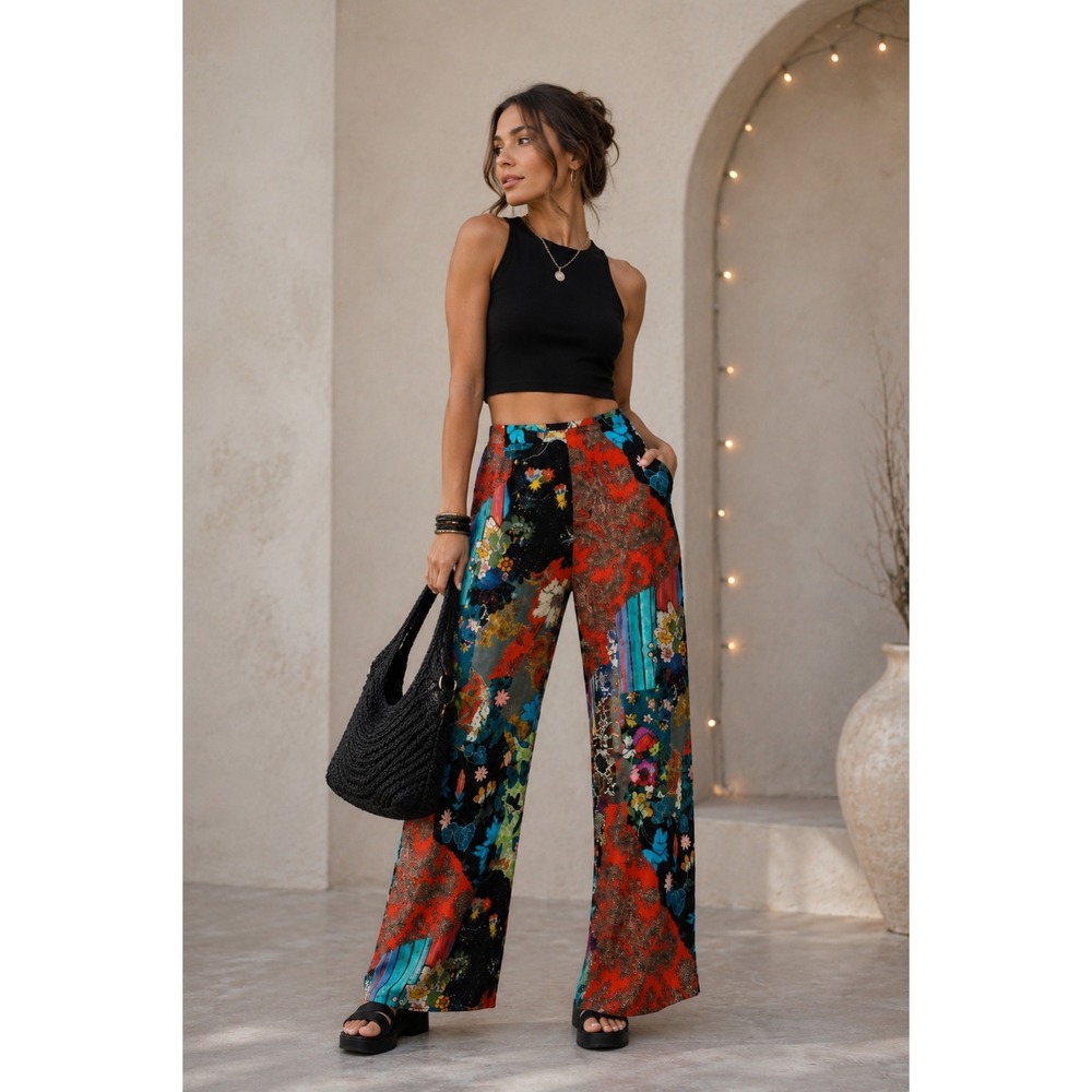 ANTHROPOLOGIE Satin Wide Leg Pants 8 Asian Chinoiserie Print Patchwork Artsy - Picture 13 of 13